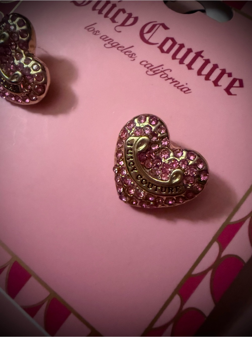 Juicy Couture Pink Crystal Heart Stud Earrings in Gold-Tone